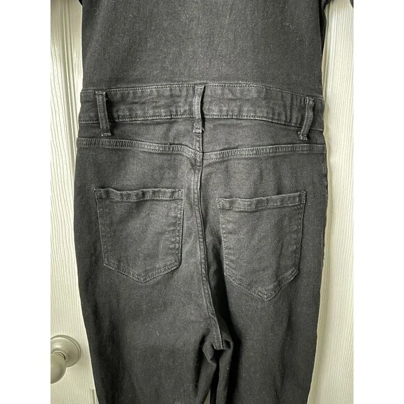 Nasty Gal Black Deep Plunging V Neck Denim Boilersuit Jumpsuit Edgy Grunge Sz 8 - Picture 7 of 15